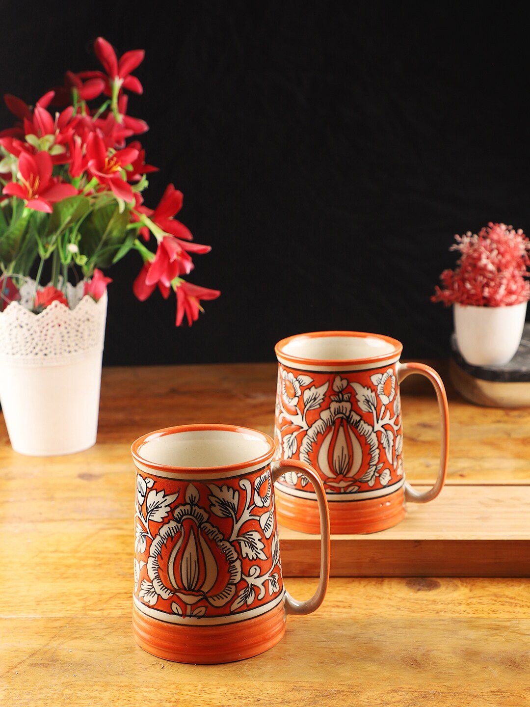 CDI Set of 2 Orange & White Mughal Art Hand Printed Mugs Price in India