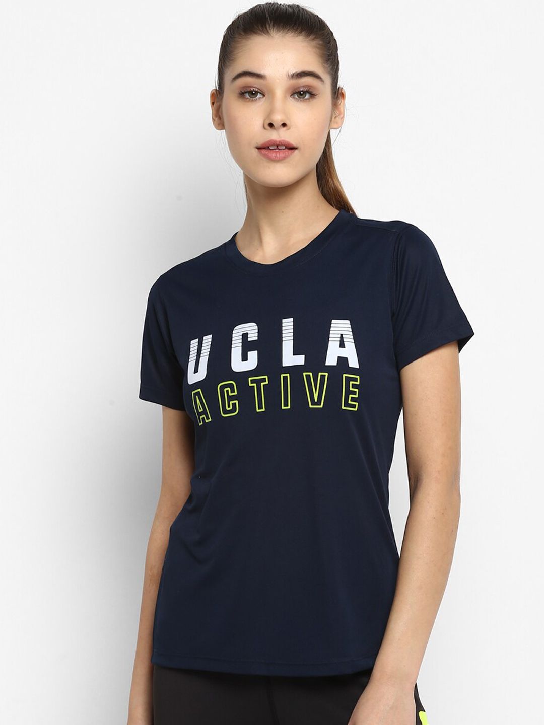 UCLA Women Navy Blue Printed Round Neck T-shirt Price in India