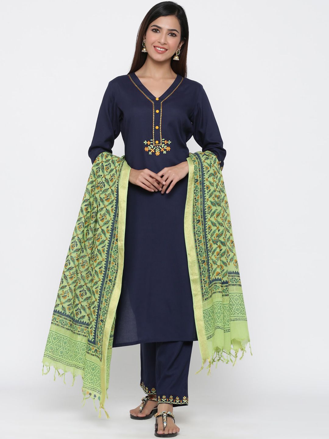 Jaipur Kurti Women Navy Blue & Green Solid Kurta with Palazzos & Dupatta Price in India