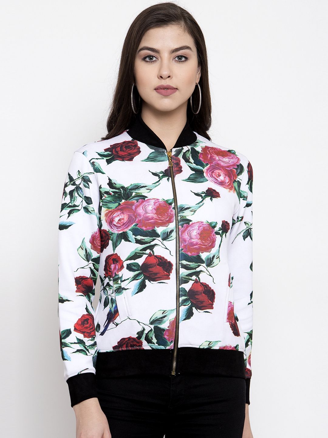 armure Women White & Magenta Floral Printed Lightweight Bomber Price in India