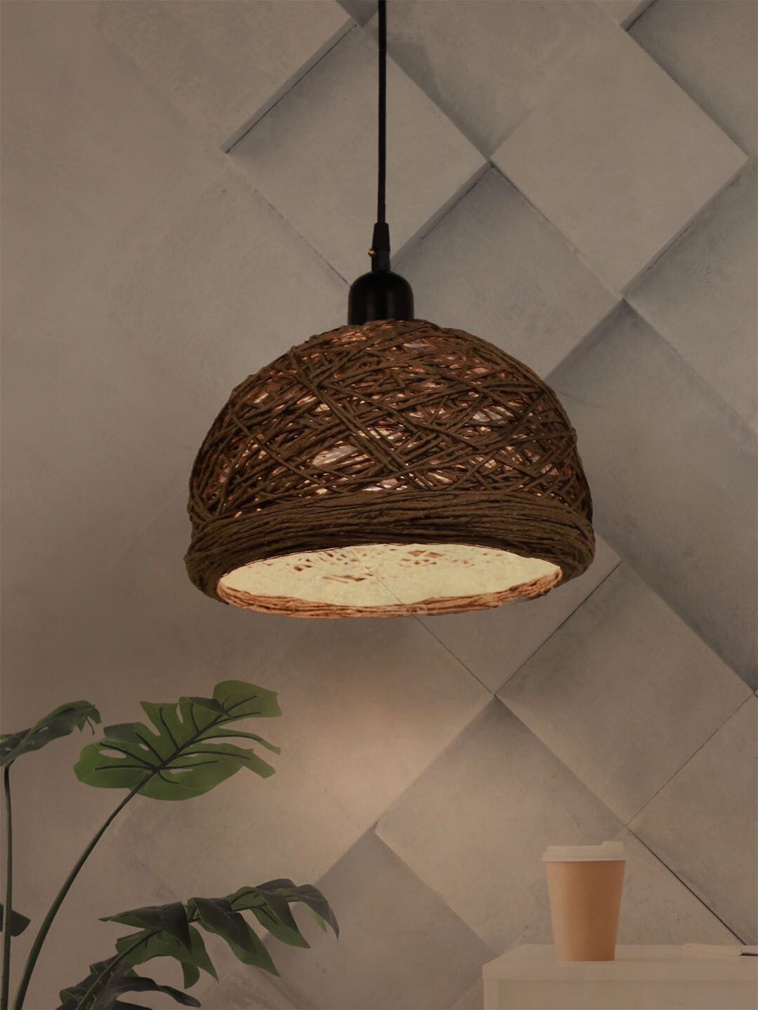 Fos Lighting Brown Self Design String Bowl Hanging Light Price in India