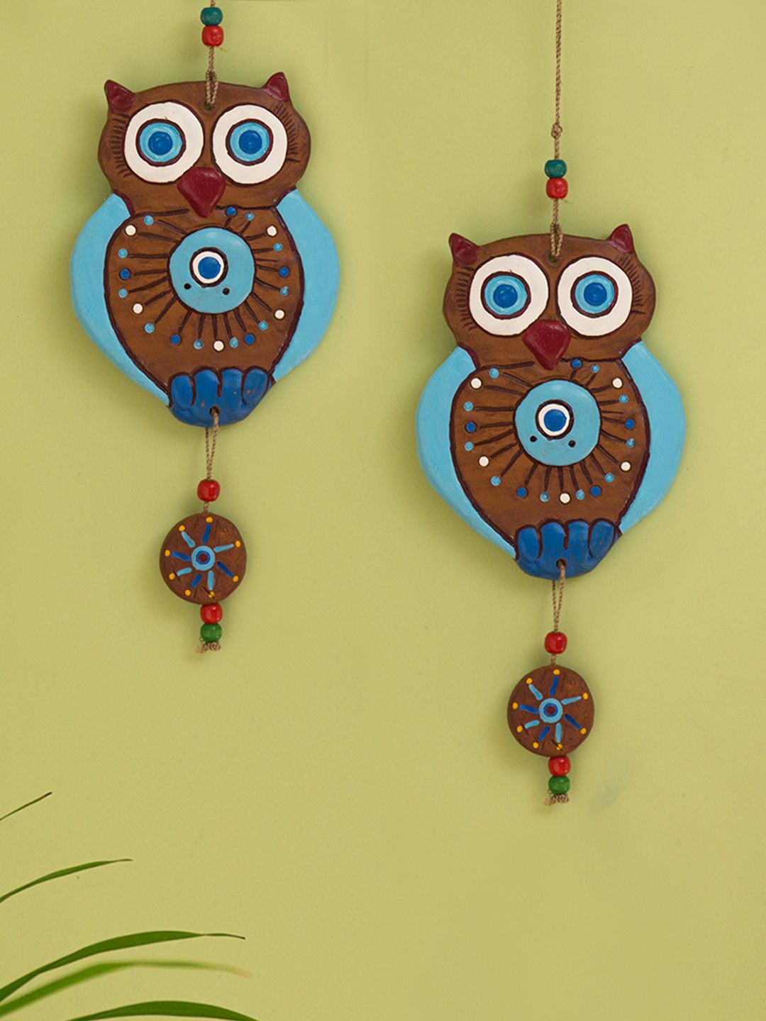 ExclusiveLane Brown & Blue Owls Handcrafted Garden Terracotta Decorative Wall Hanging Price in India