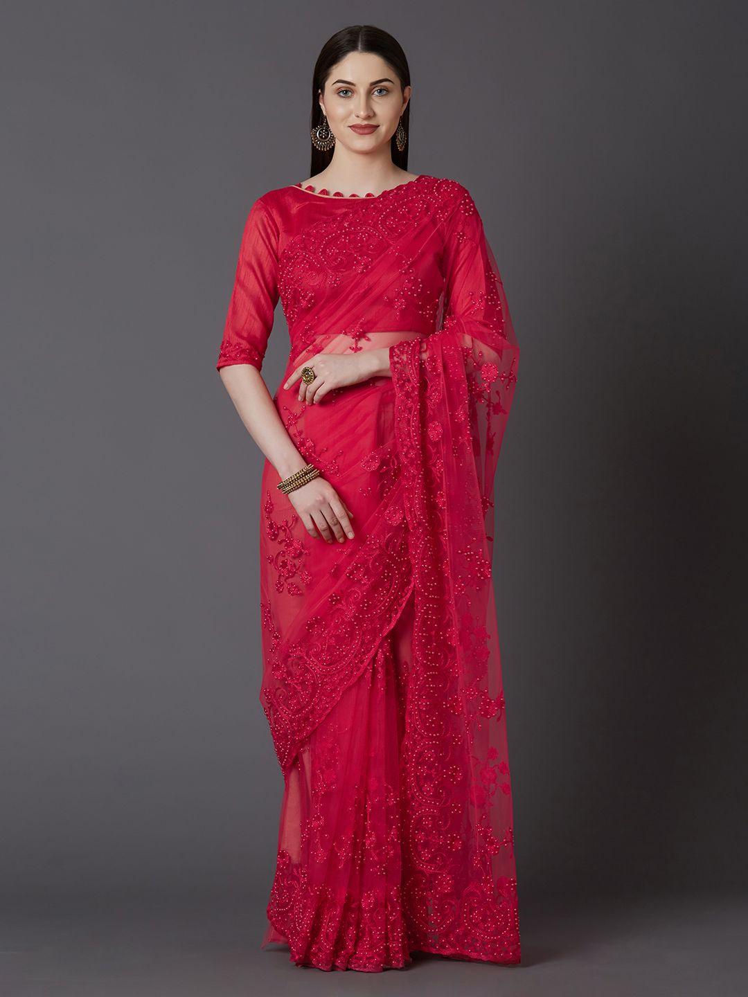 Mitera Red Embroidered Net Party Saree Price in India