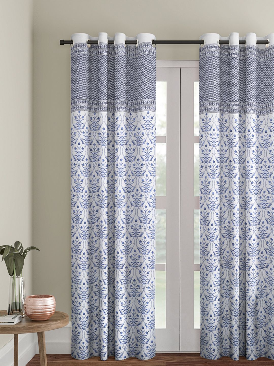 Rajasthan Decor White & Blue Printed Single Long Door Curtain Price in India