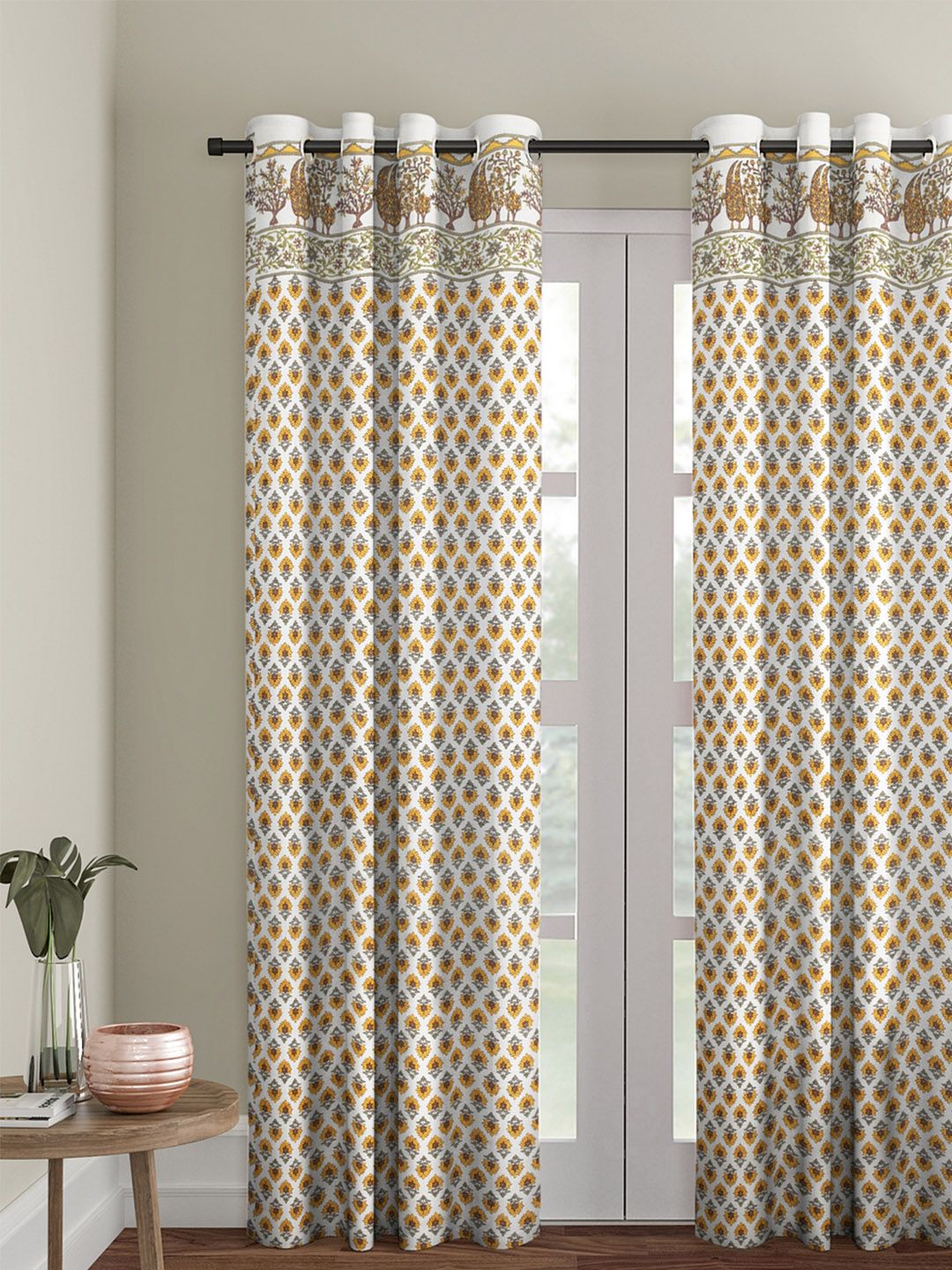 Rajasthan Decor White & Yellow Printed Single Door Curtain Price in India