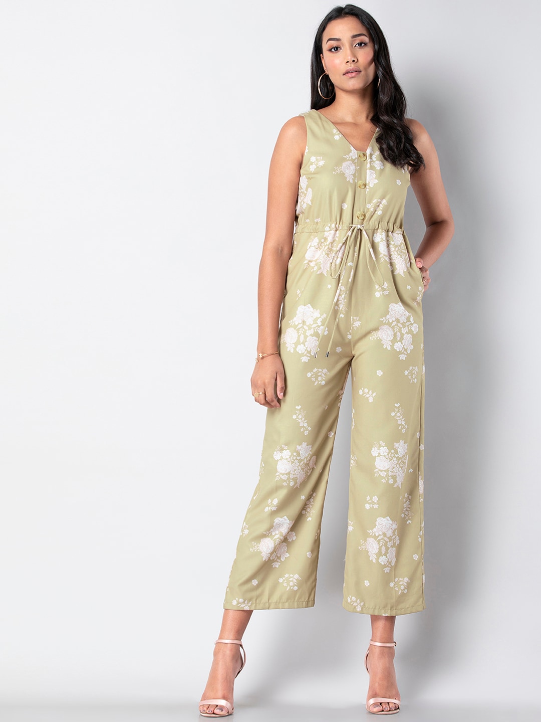 FabAlley Women Green & White Printed Basic Jumpsuit Price in India