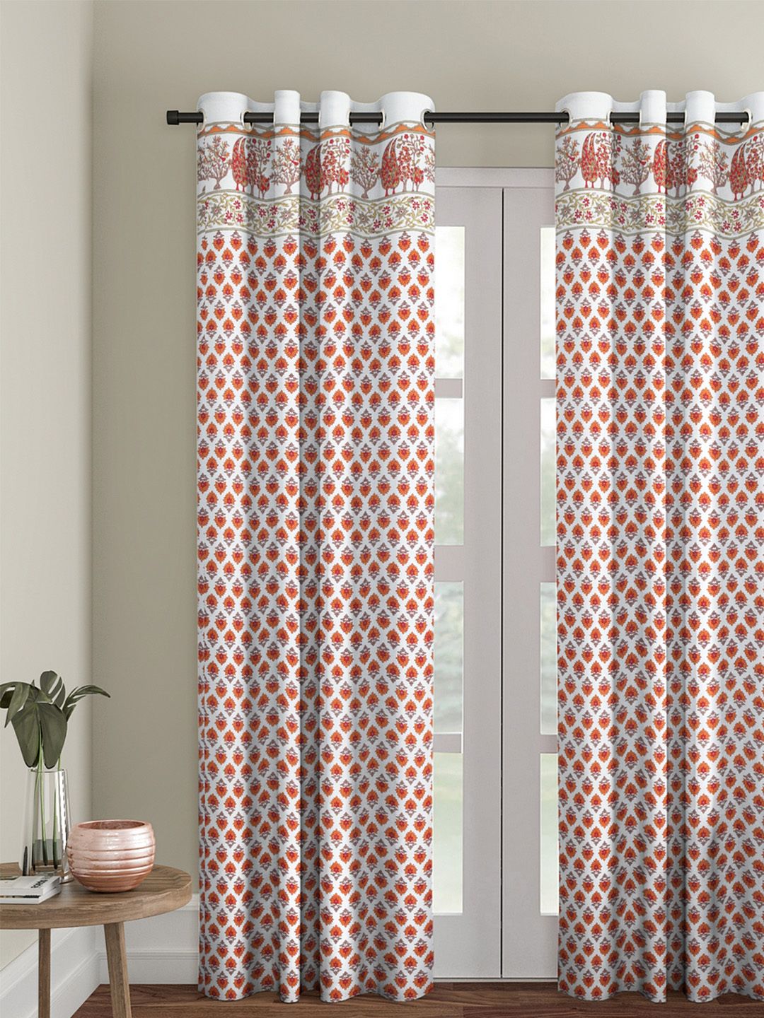 Rajasthan Decor White & Orange Printed Long Door Curtain Price in India
