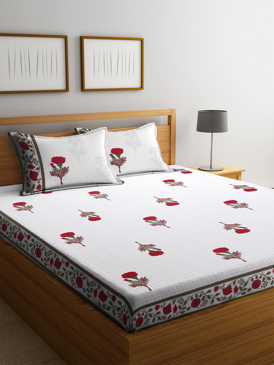 Rajasthan Decor White & Red Floral 144 TC Cotton 1 Queen Bedsheet with 2 Pillow Covers Price in India