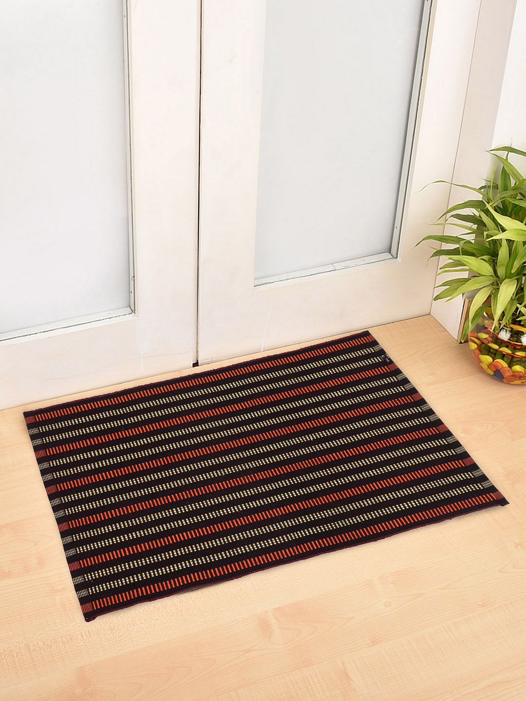 KLOTTHE Brown & Orange Striped Rectangular Floor Mats Price in India