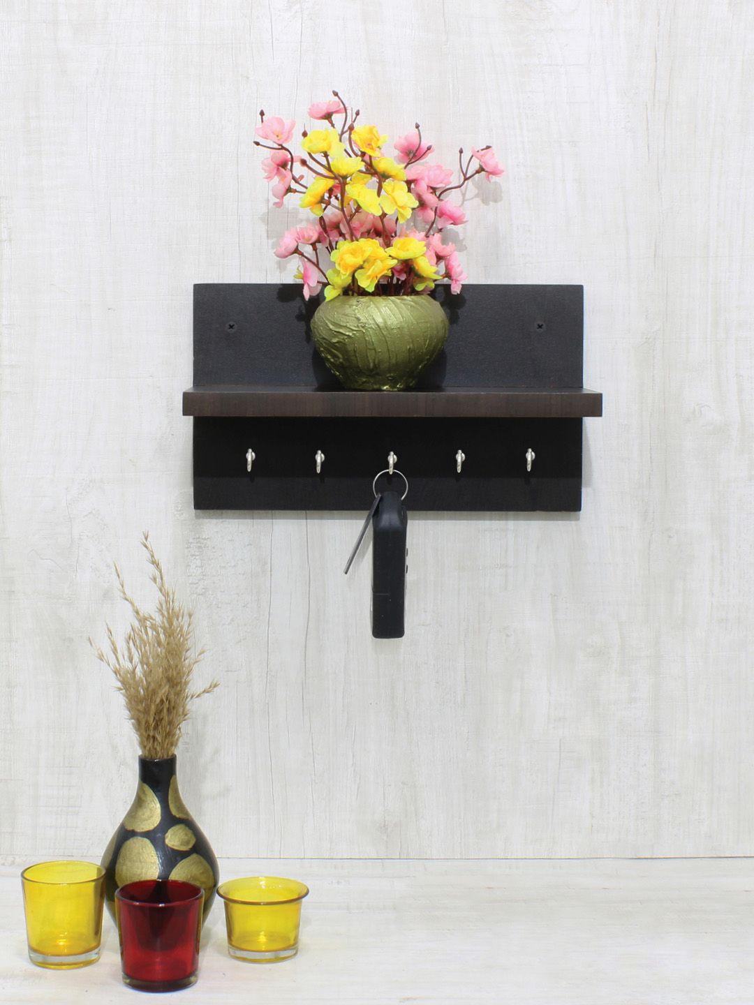 RANDOM Coffee Brown MDF Wall Shelf with Keyholders Price in India
