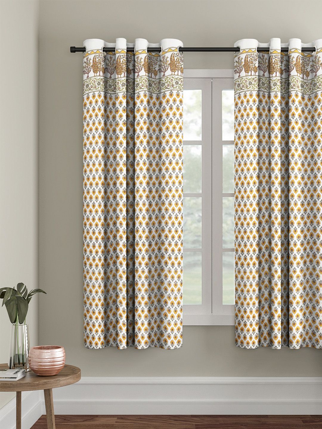 Rajasthan Decor White & Yellow Printed Window Curtain Price in India