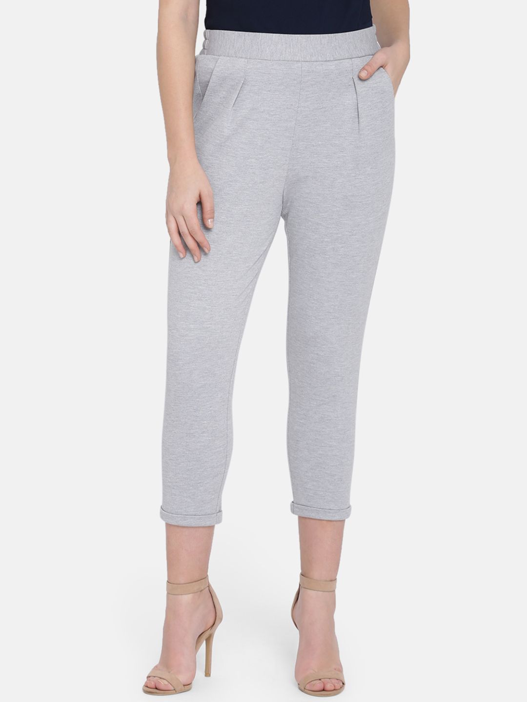 ISU Women Grey Regular Fit Solid Crop Peg Trousers Price in India