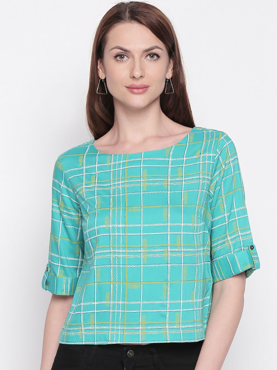 AKKRITI BY PANTALOONS Women Turquoise Blue Checked Top