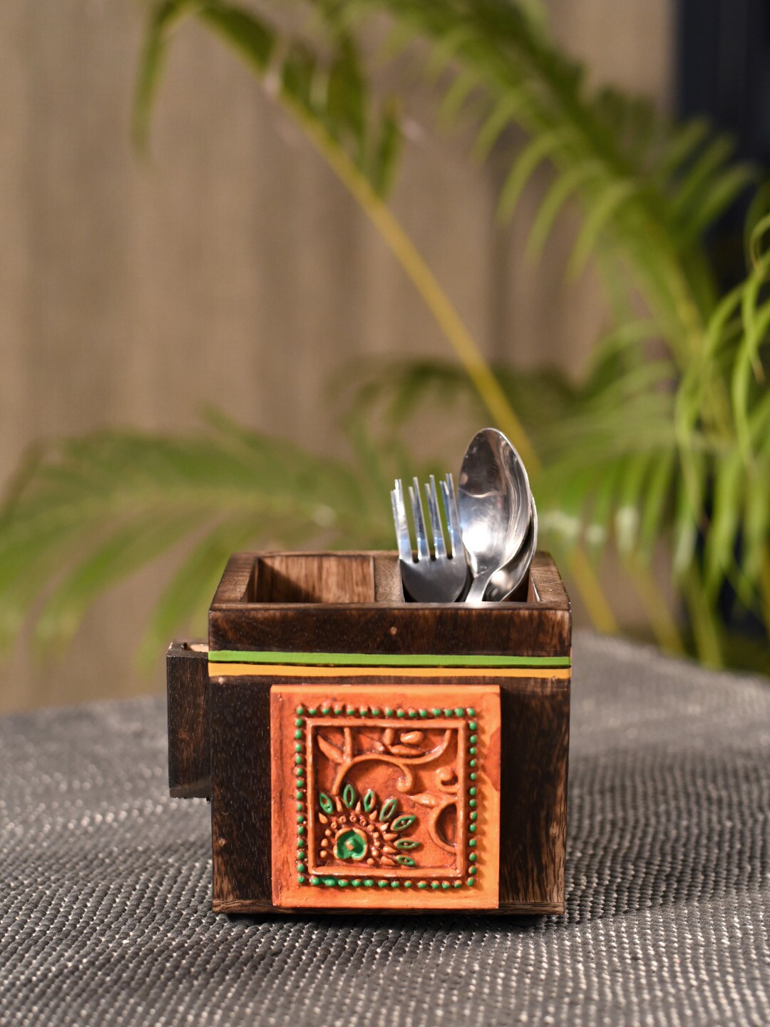 Unravel India Brown Wooden Hand-Painted Cutlery Holder Price in India