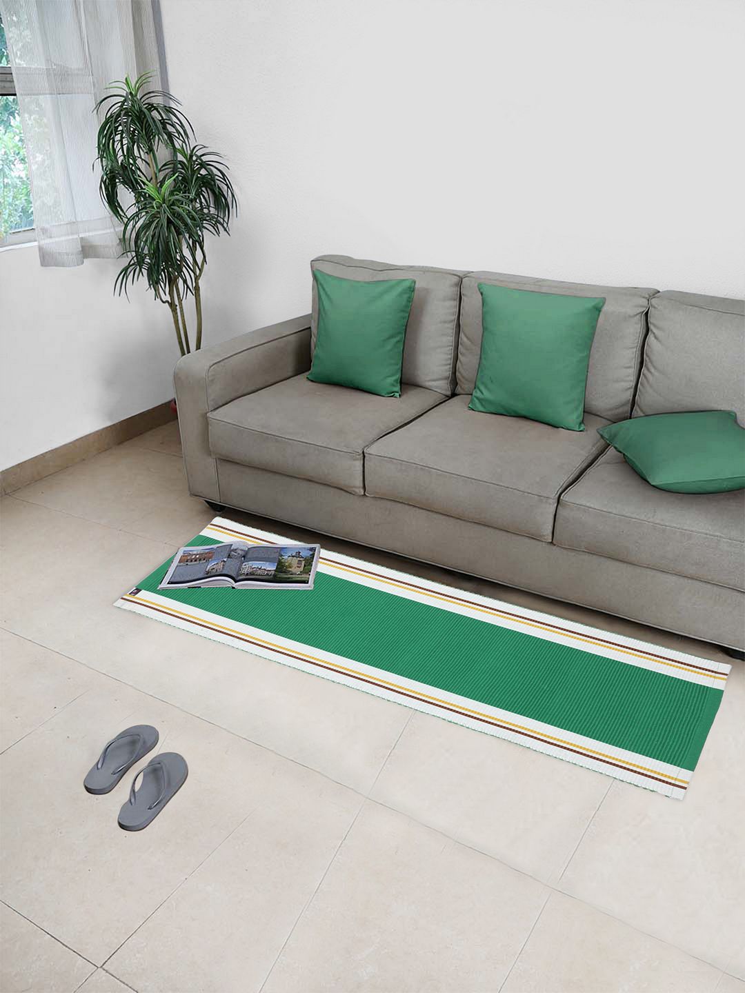 KLOTTHE Green & White Anti-Skid Dhurrie With Striped Border Price in India