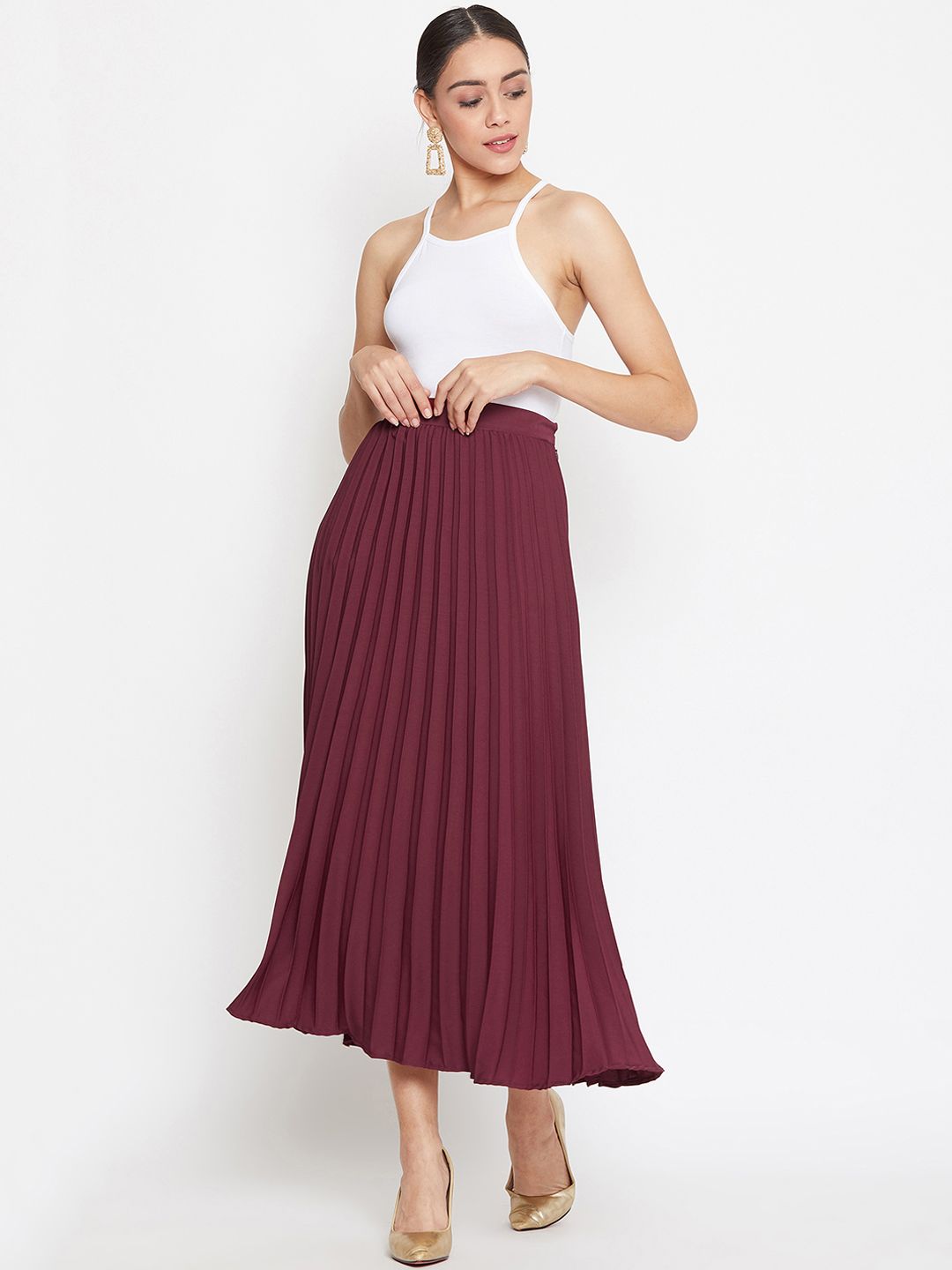 Uptownie Lite Women Maroon Solid Pleated Flared Midi Crepe Skirt