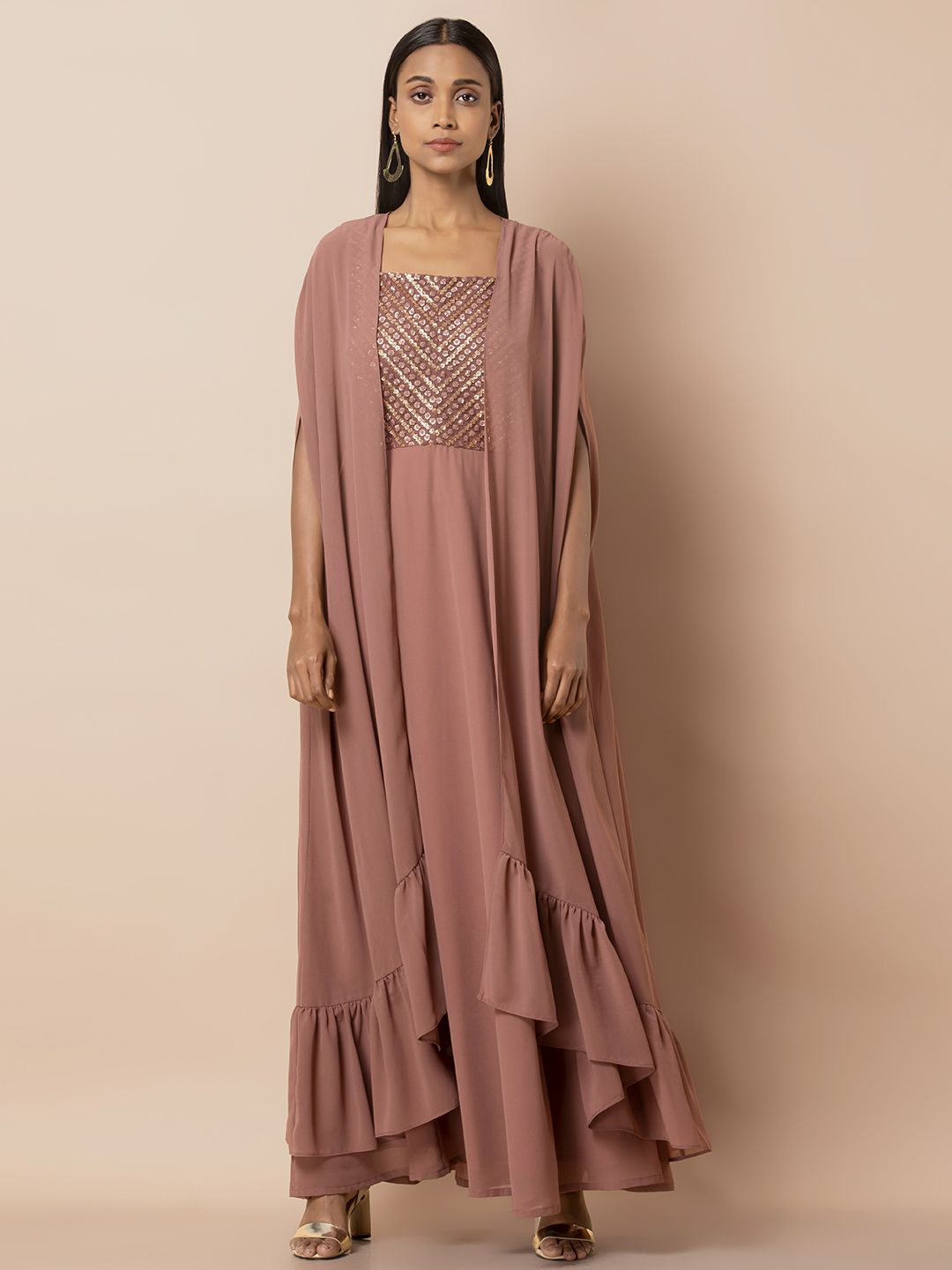 INDYA Women Dusty Pink Embroidered Maxi Dress with Jacket Price in India
