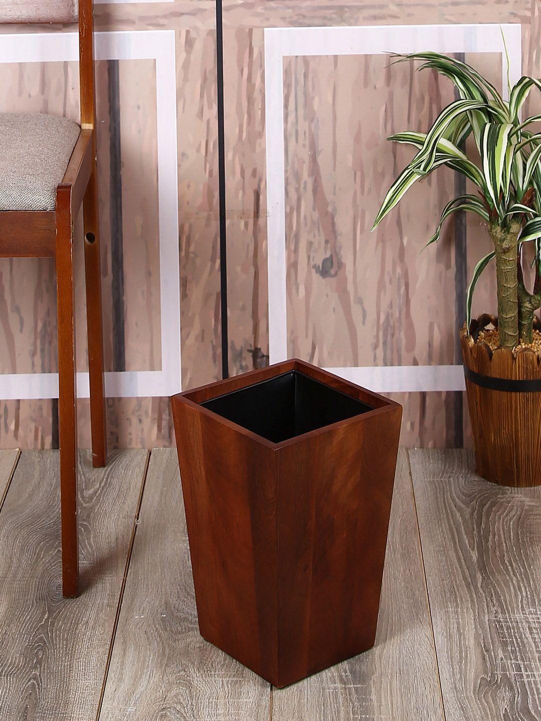 CRAYTON Brown Solid Mango Wood Dustbin with Metal Inner Price in India