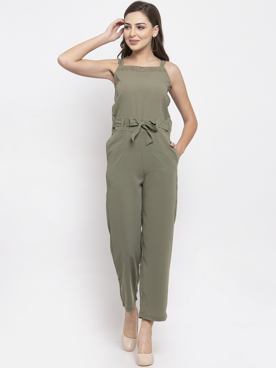 Jompers Women Green Solid Basic Jumpsuit Price in India