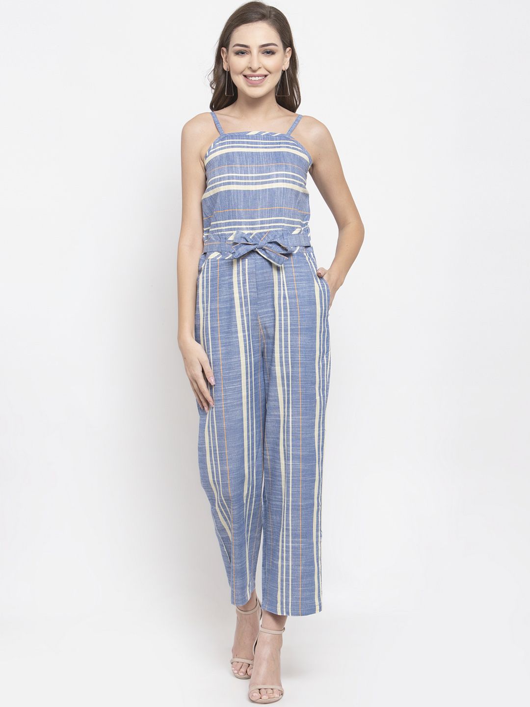 Jompers Women Blue & Off-White Striped Basic Jumpsuit Price in India