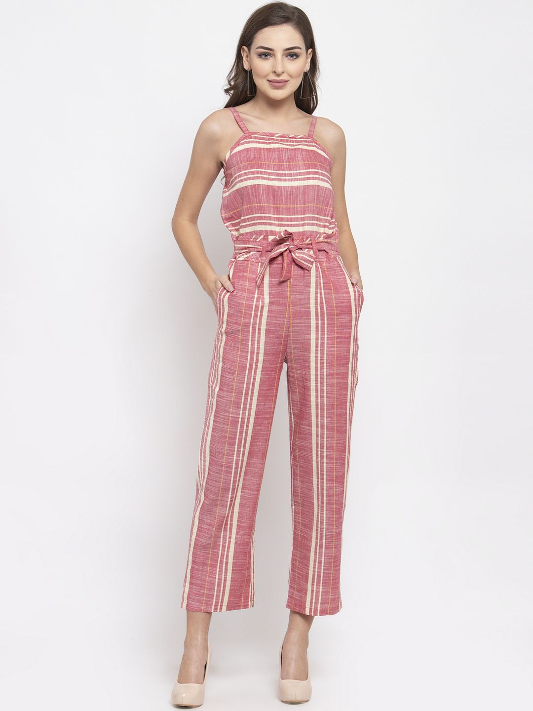 Jompers Women Red & Off-White Striped Basic Jumpsuit Price in India