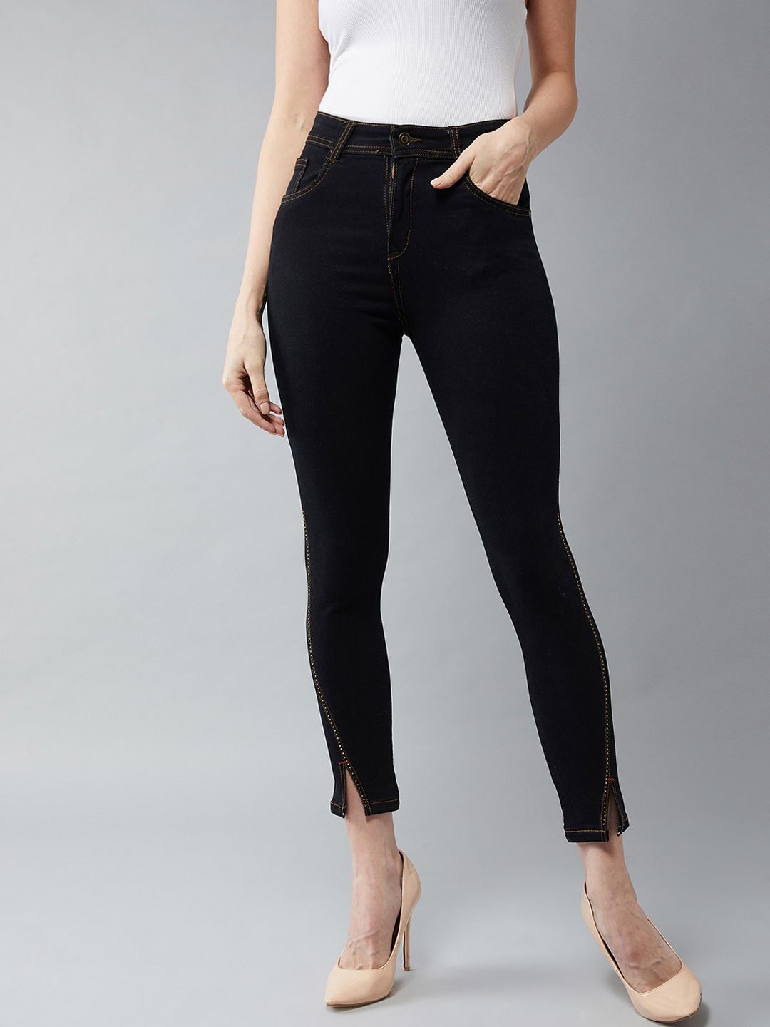 DOLCE CRUDO Women Black Skinny Fit High-Rise Clean Look Stretchable Jeans Price in India