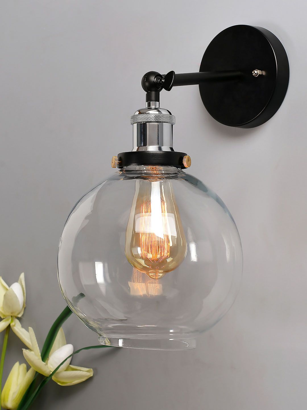 Homesake Black & Transparent Solid Handcrafted Glass Globe Armed Sconce Lamp Price in India