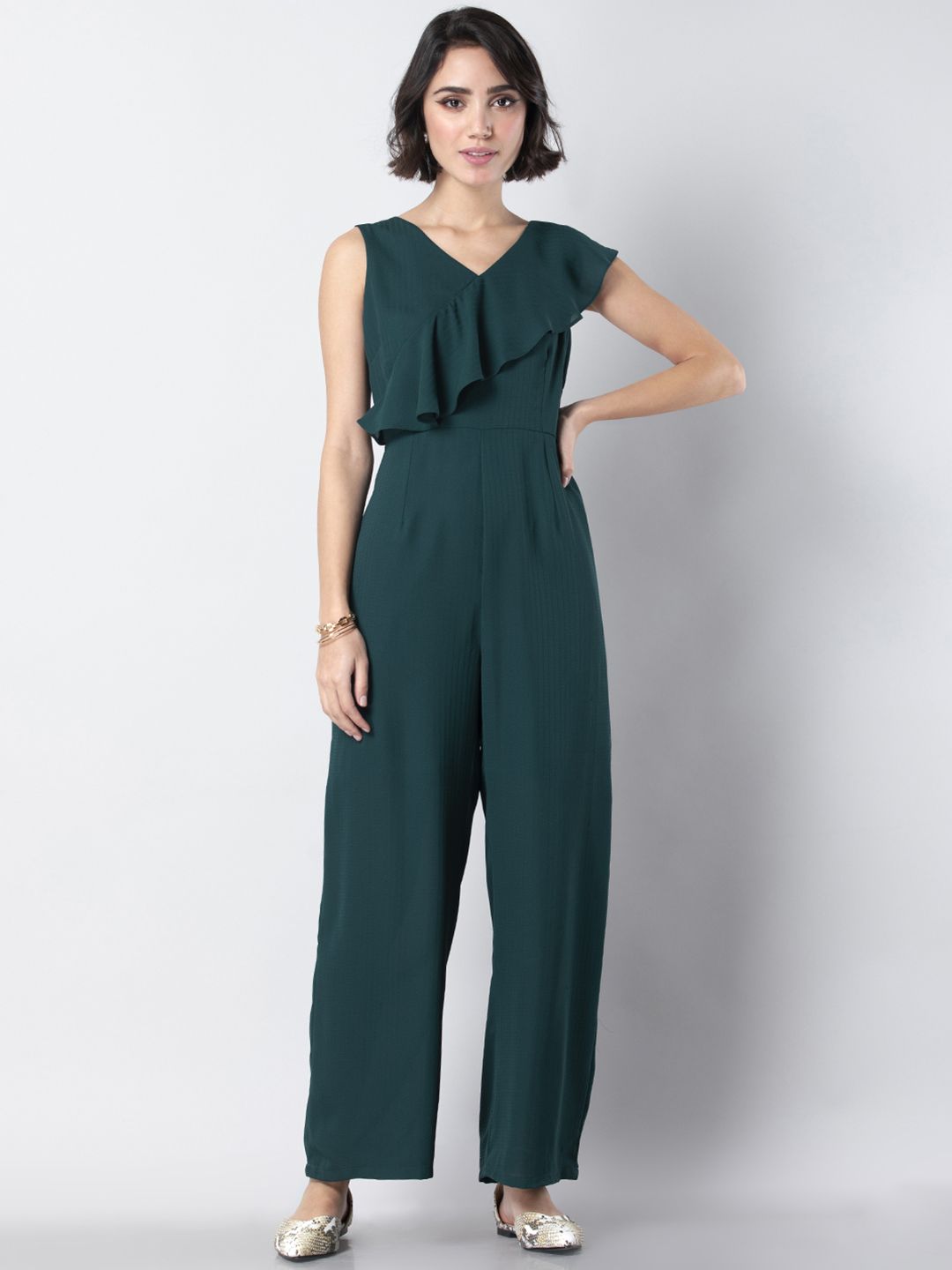 FabAlley Women Teal Green Solid Basic Ruffle Jumpsuit Price in India