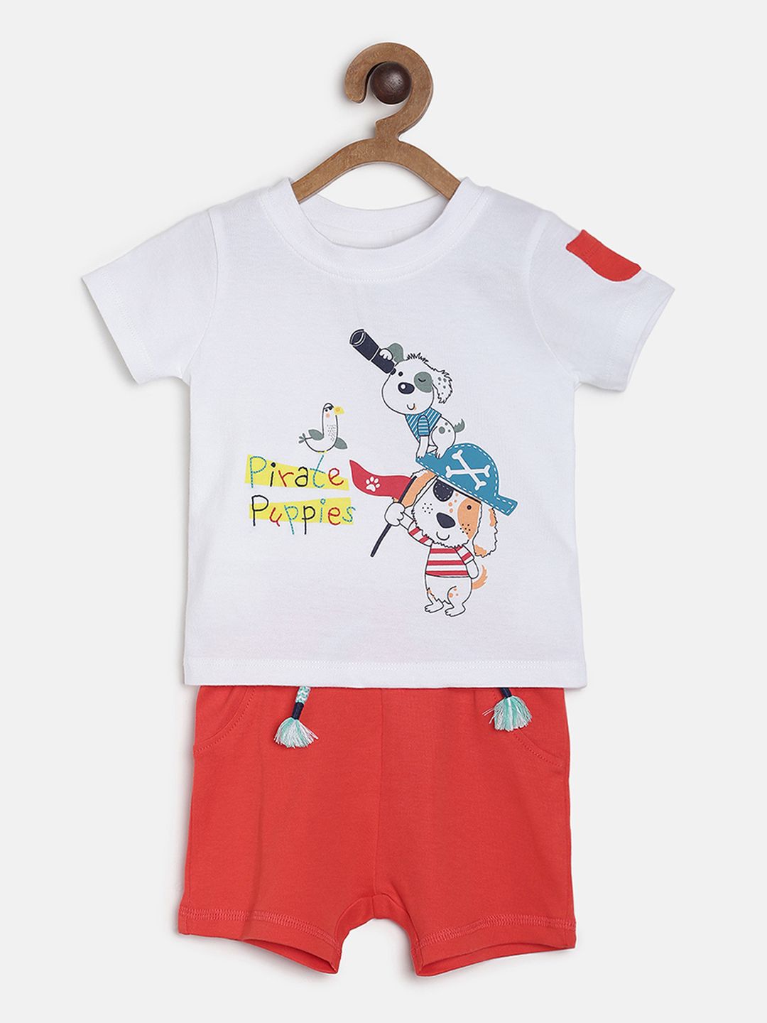 MINI KLUB Boys White & Red Printed T-shirt with Shorts