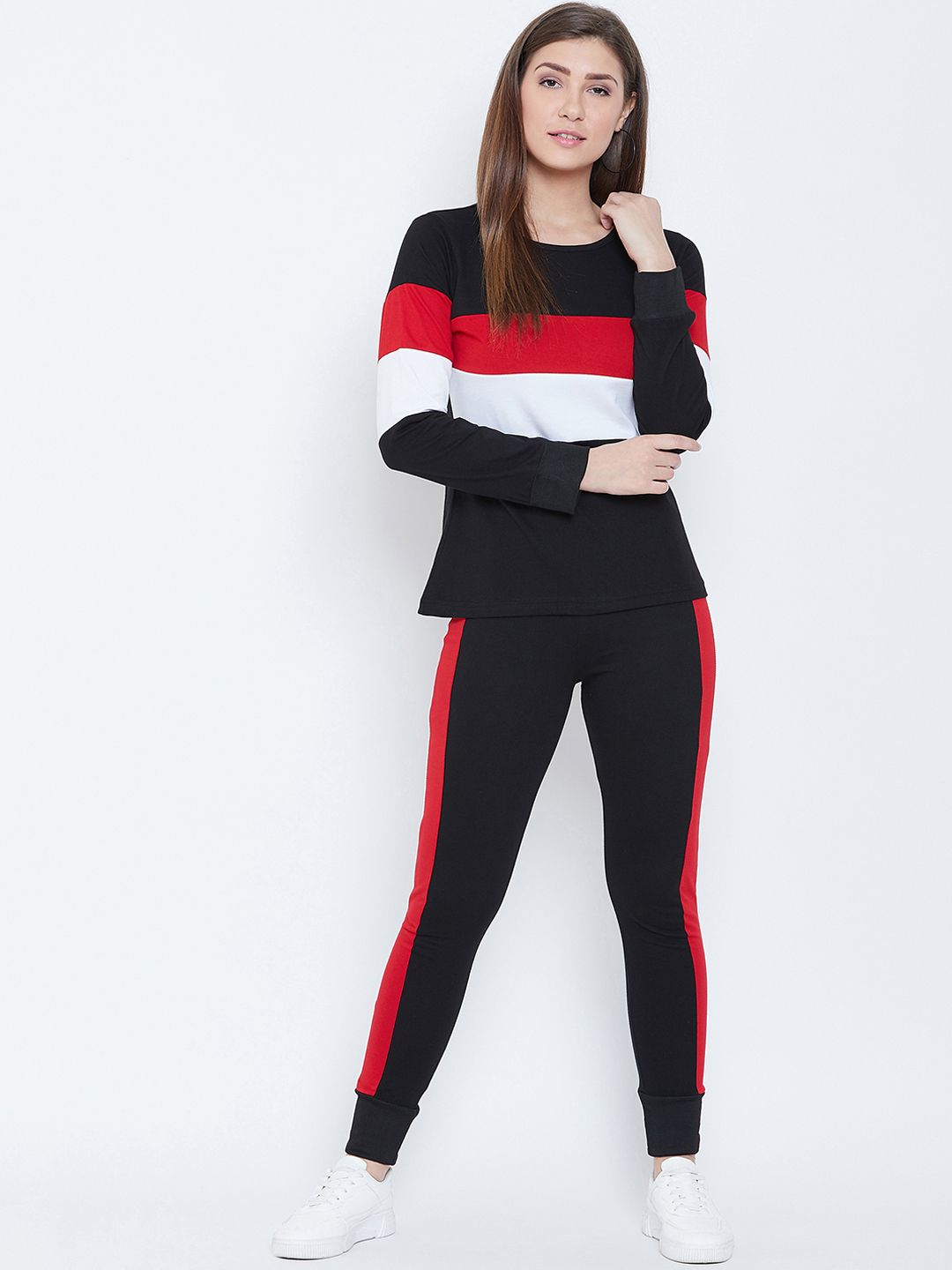 CHROME & CORAL Women Black & Red Colourblocked Tracksuit Price in India