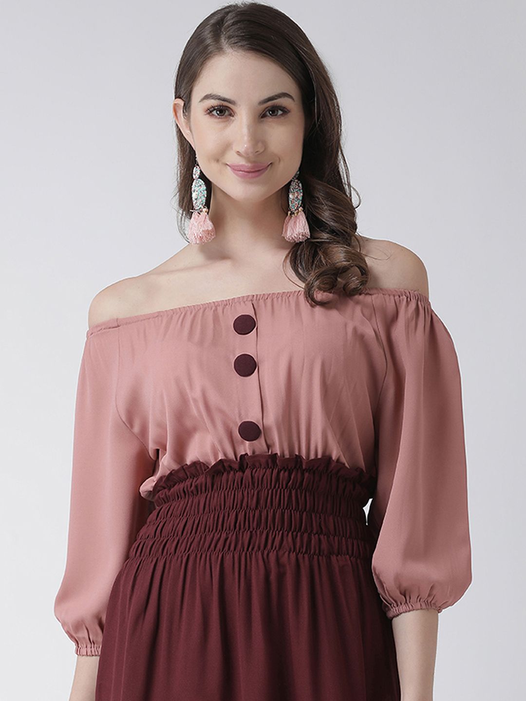 KASSUALLY Women Rose & Maroon Colourblocked Blouson Dress Price in India