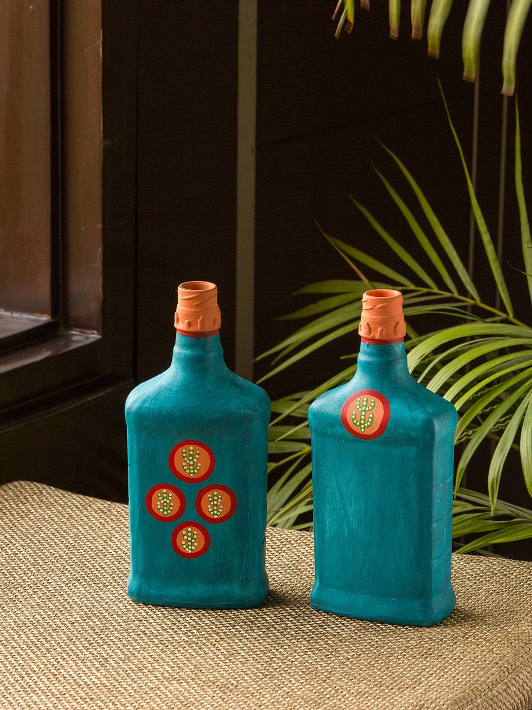 ExclusiveLane Turquoise Blue & Brown 2 Pieces Handpainted Money Planter Bottle Vase Set Price in India