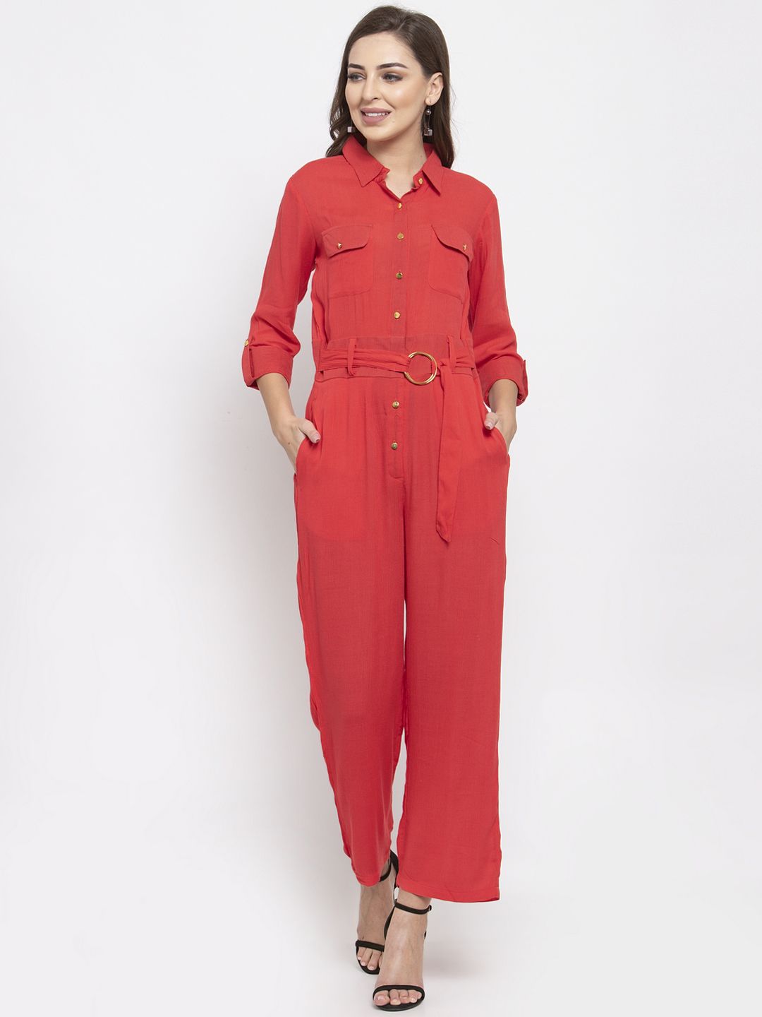 Jompers Women Red Solid Basic Jumpsuit Price in India