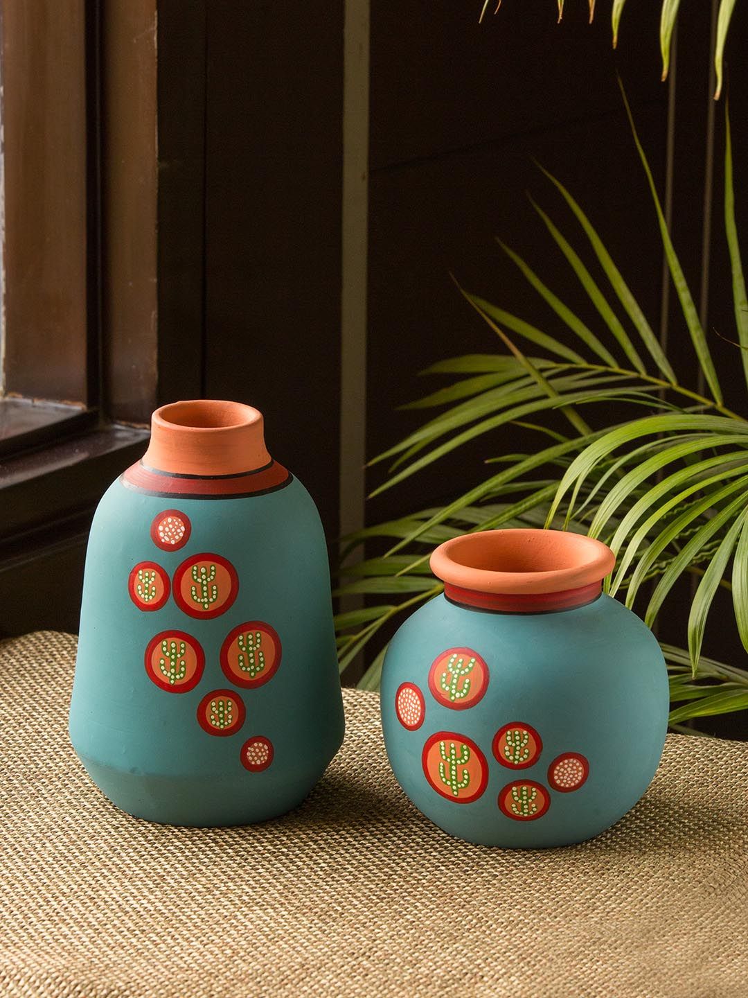 ExclusiveLane Turquoise Blue & Peach 2 Pieces Bottle Hand-Painted Terracotta Vase Set Price in India