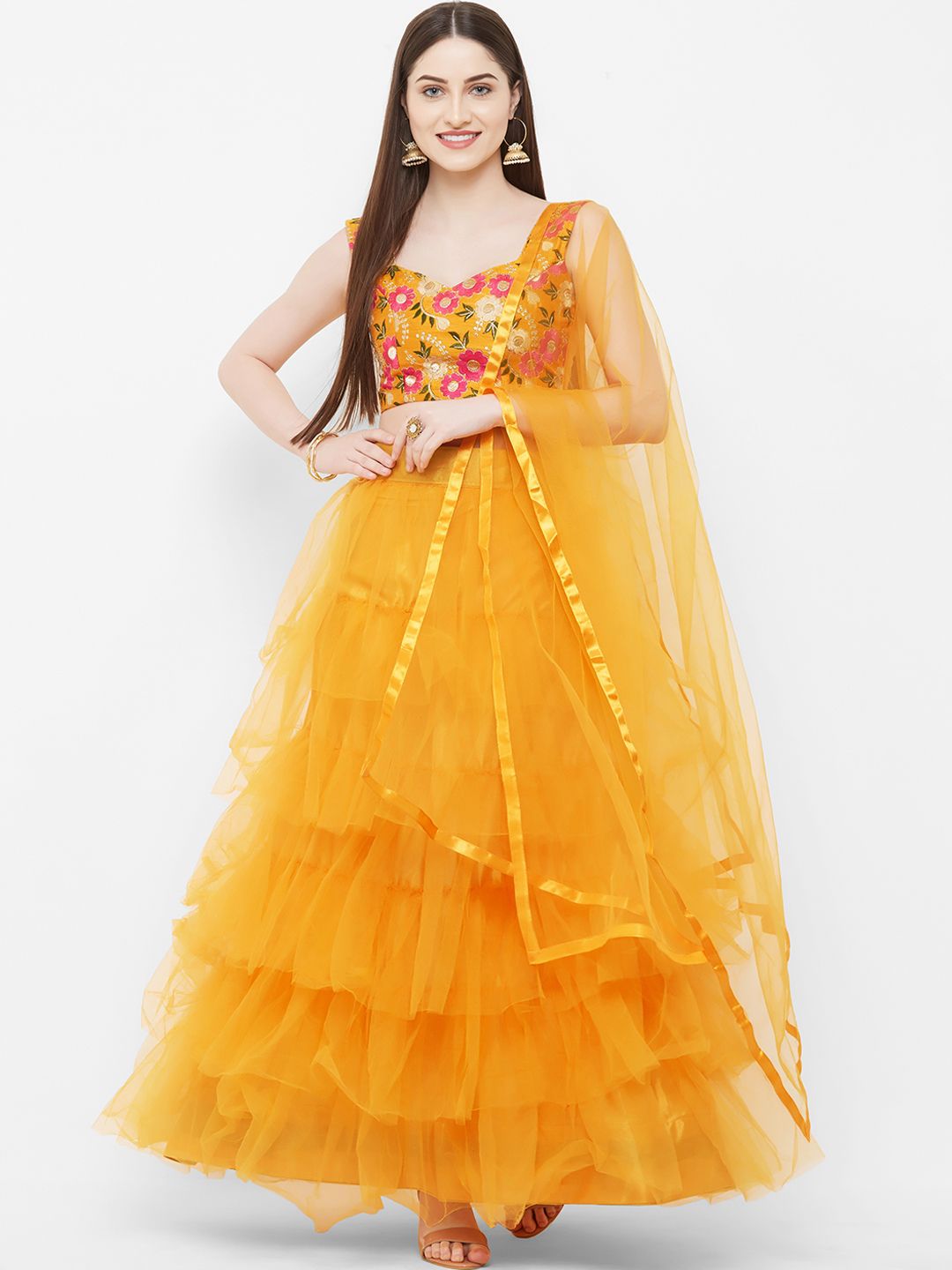 Aasvaa Yellow Unstitched Lehenga & Unstitched Blouse With Dupatta