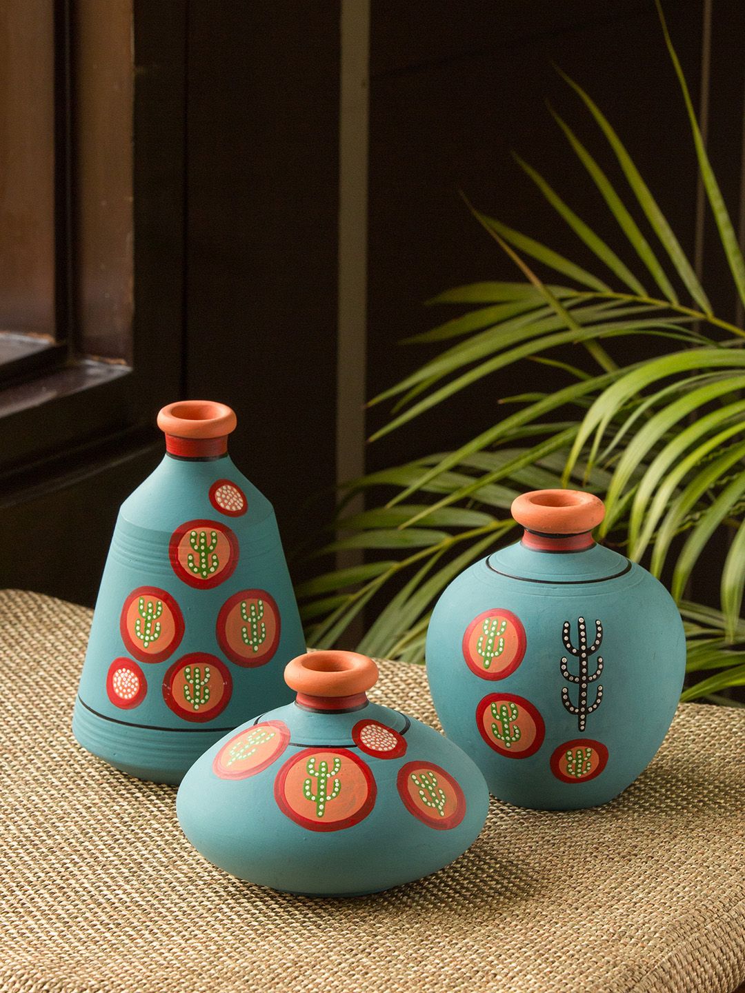 ExclusiveLane Turquoise Blue & Brown 3 Pieces Hand-Painted Terracotta Vase Set Price in India