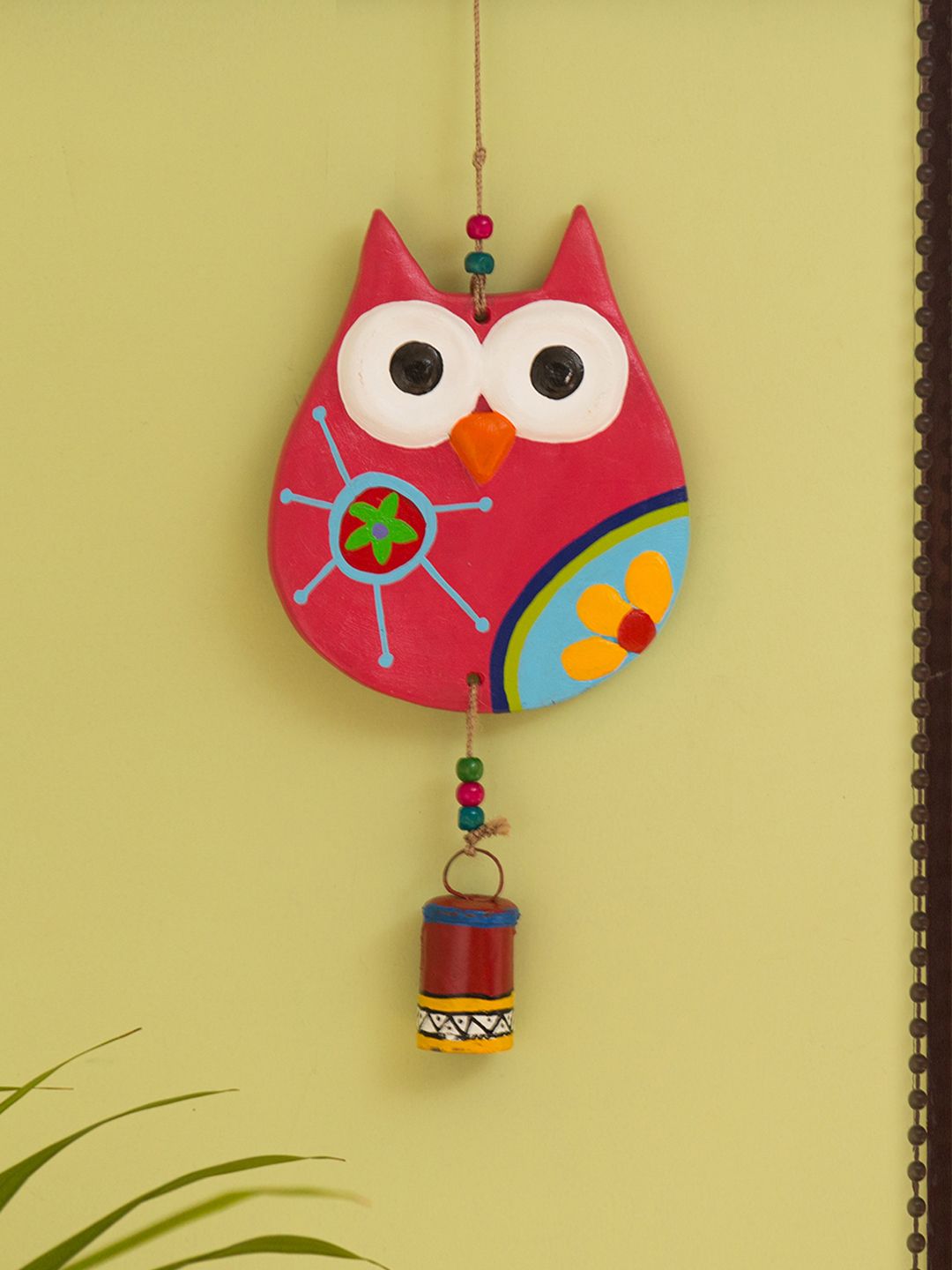 ExclusiveLane Red & Blue Flowery Owl Handcrafted Decorative Terracotta Wall Hanging Bell Price in India