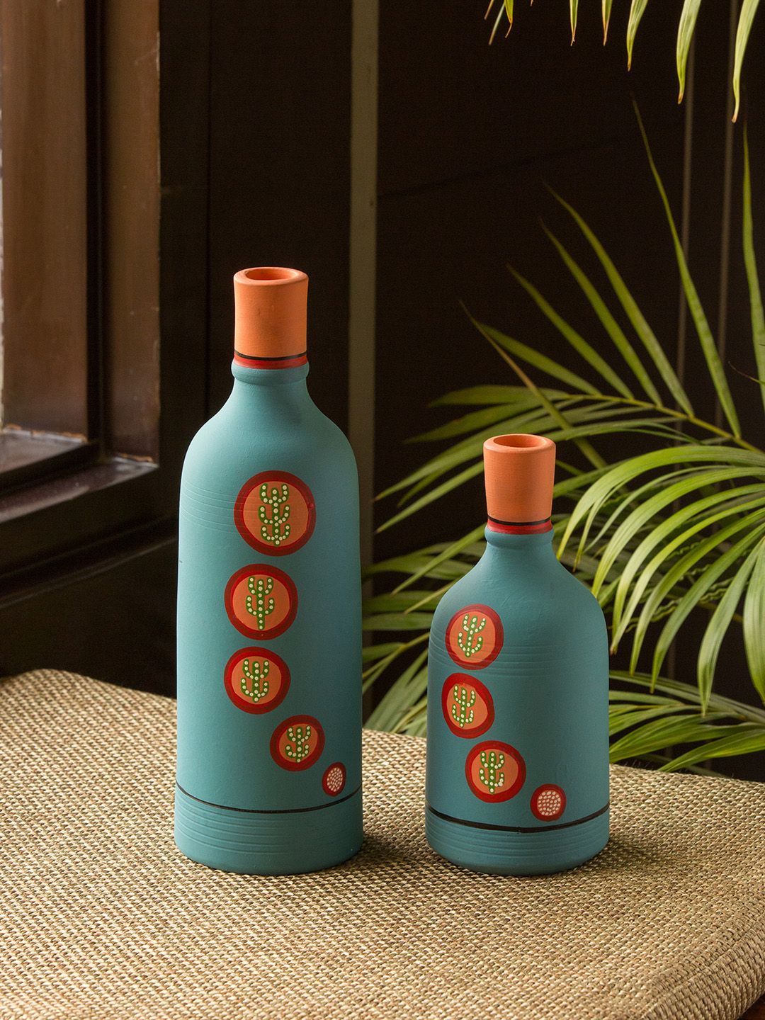 ExclusiveLane Turquoise Blue & Brown 2 Pieces Bottle Hand-Painted Terracotta Vase Set Price in India