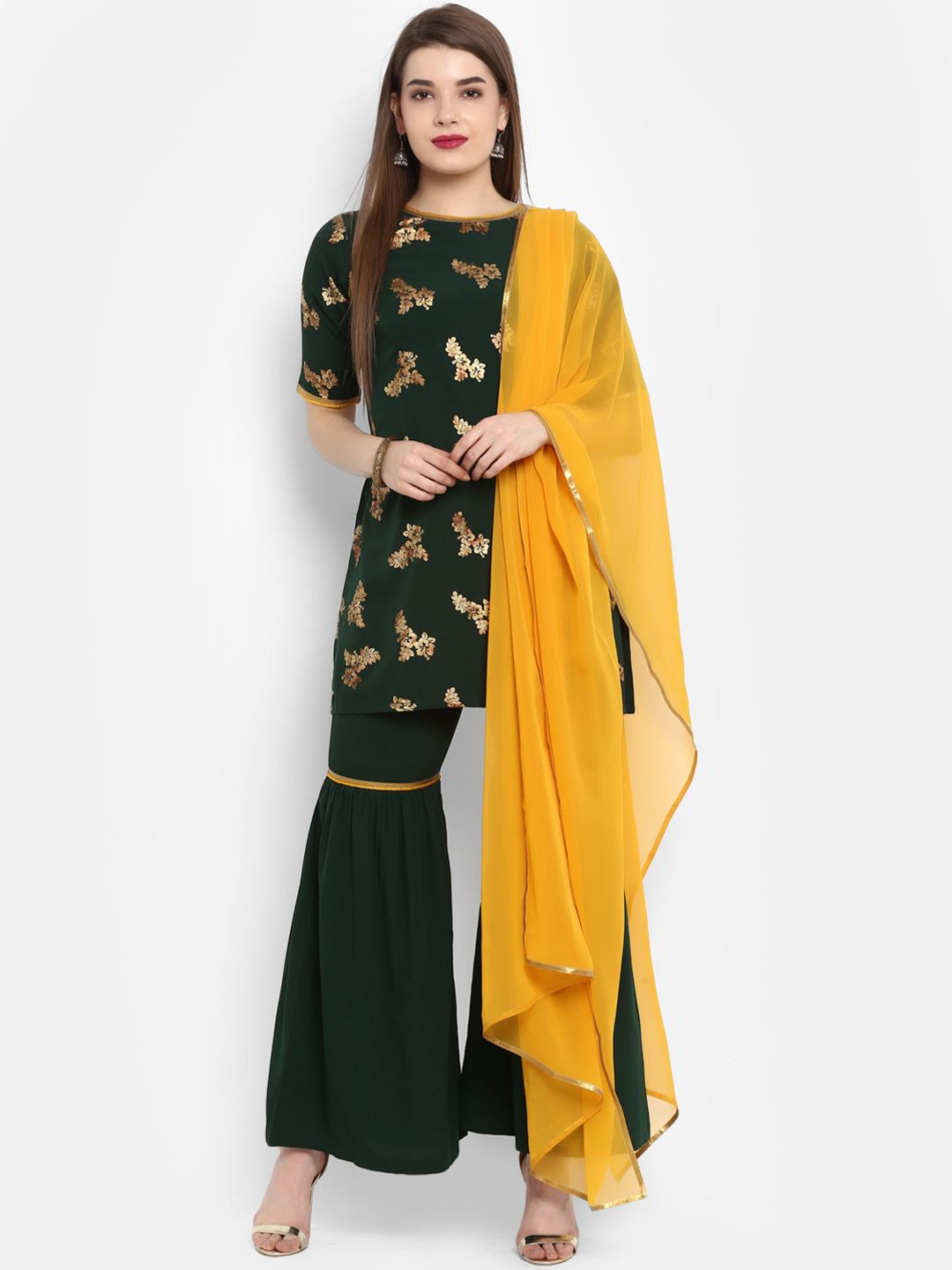 Janasya Women Green & Orange Printed Kurta with Sharara & Dupatta Price in India