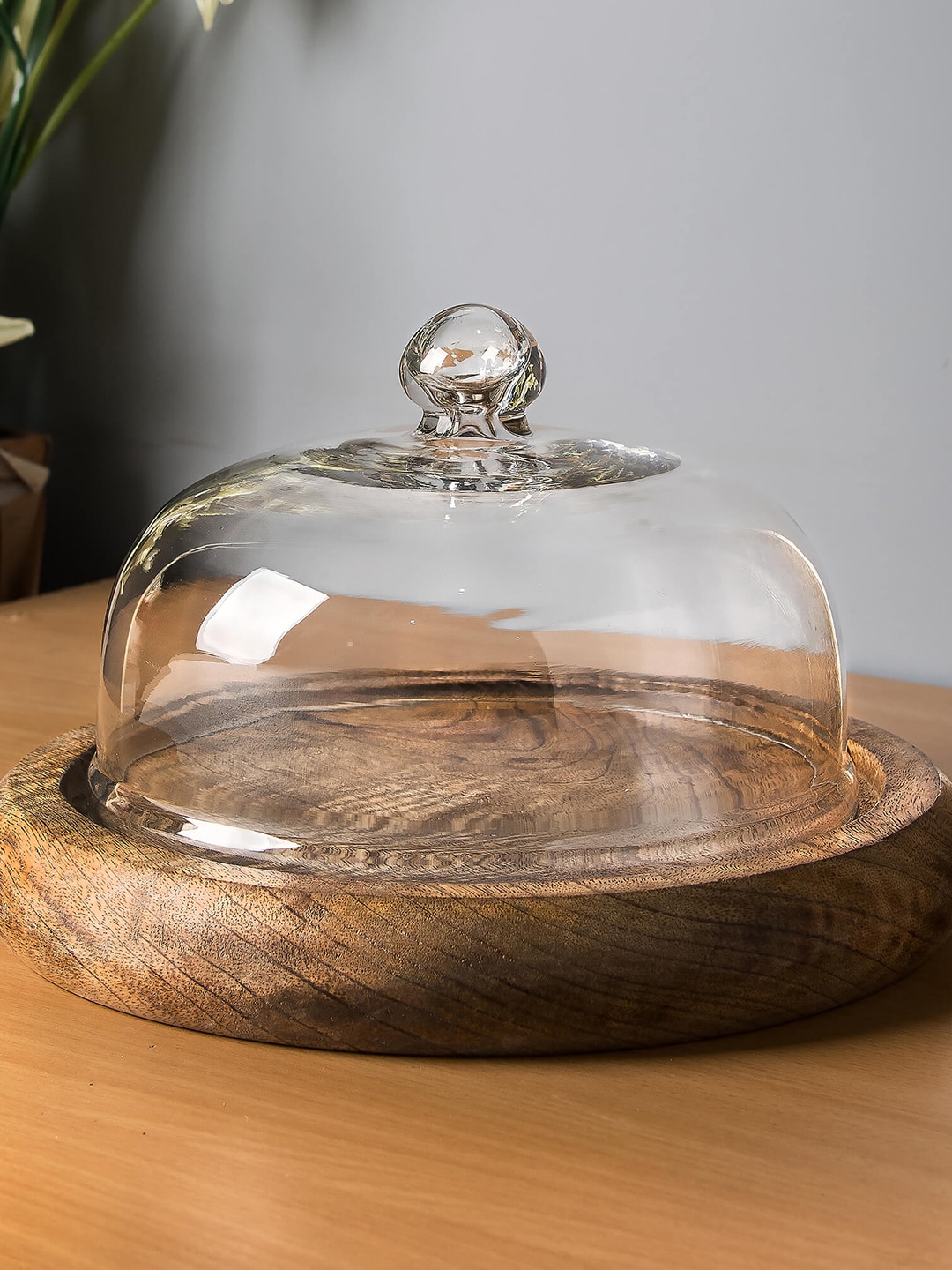 Homesake Beige Wooden Cake Stand With Transparent Glass Dome Price in India