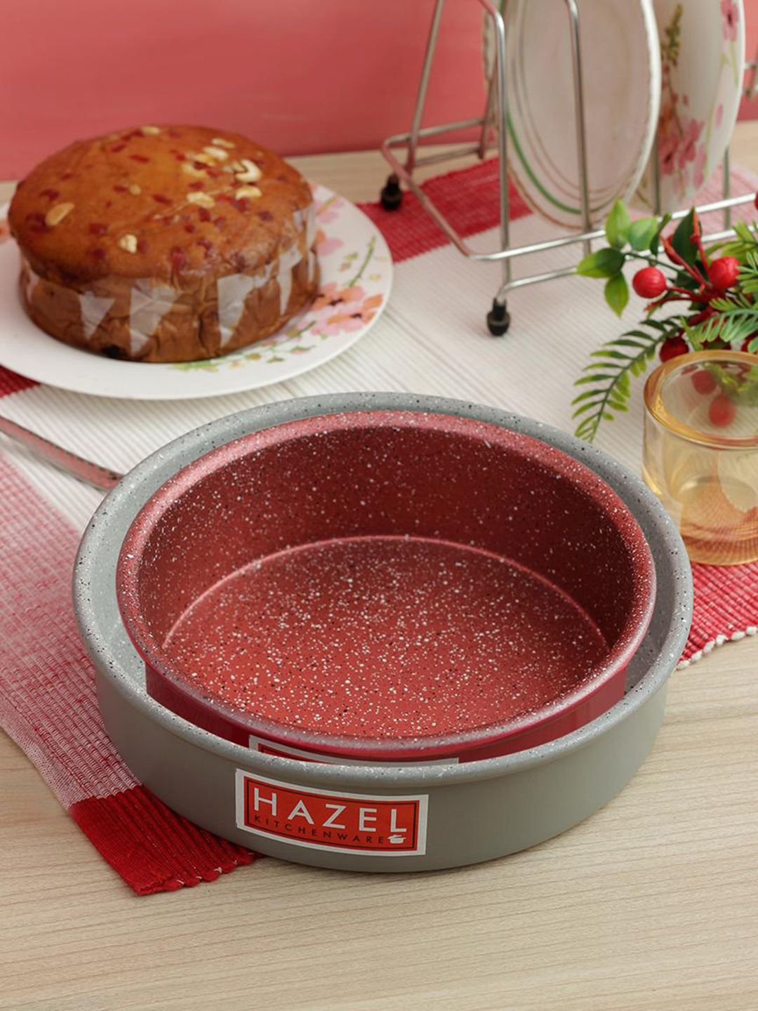 HAZEL Set Of 2 Grey & Red Aluminium Non-Stick Microwave Safe Small & Large Cake Moulds Price in India