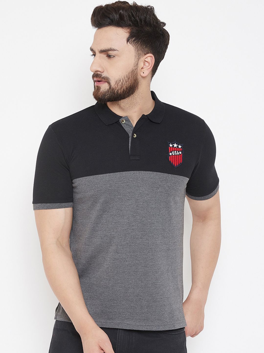 Austin wood Men Charcoal Grey & Navy Blue Colourblocked Polo Collar T-shirt