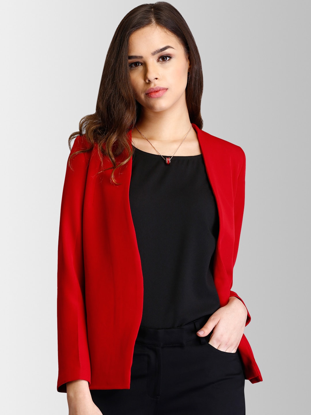 FableStreet Women Red Solid Open Front Jacket Price in India