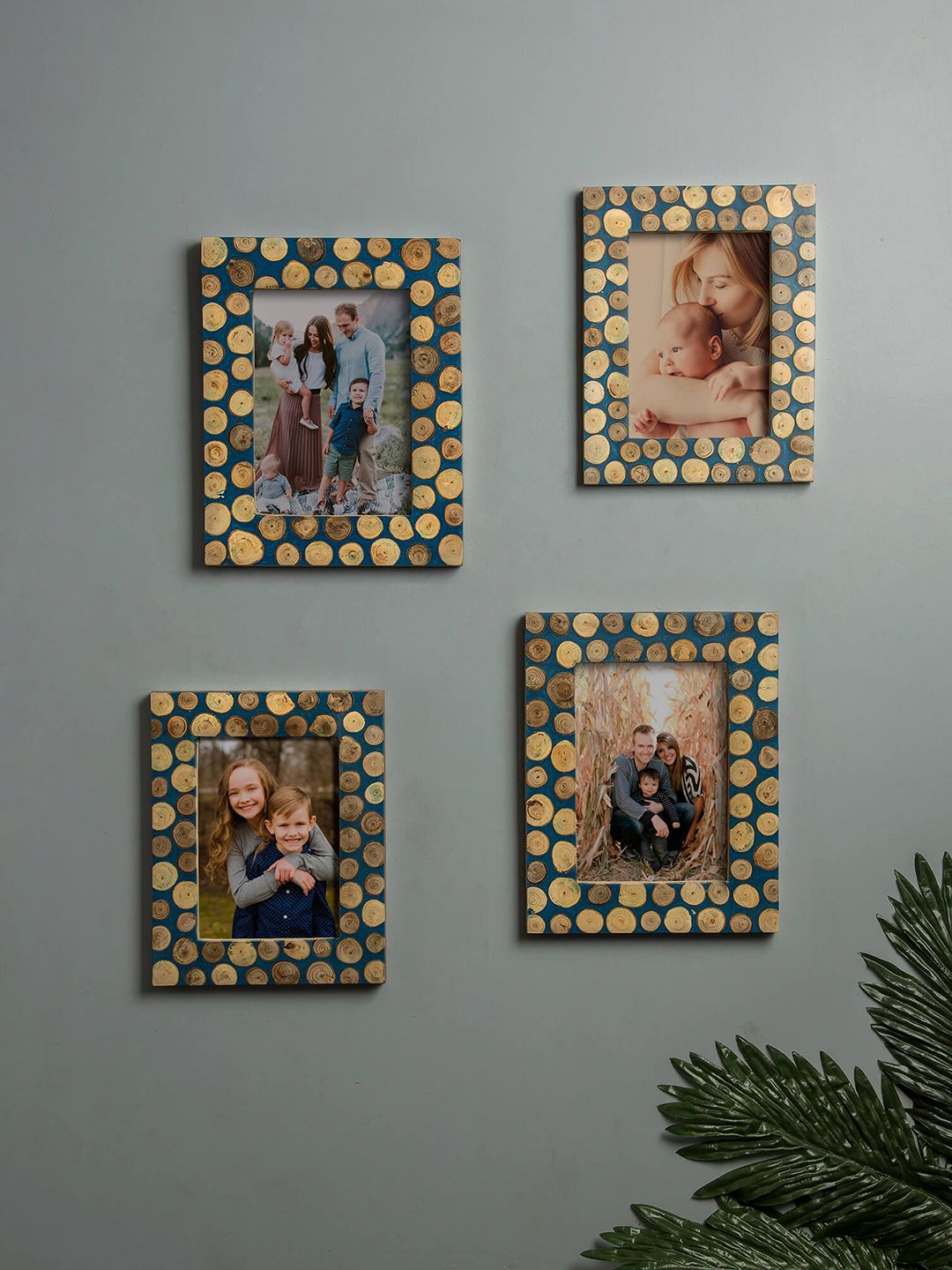Homesake Set of 4 Beige & Blue Multi Picture Rustic Wooden Logs Resin Collage Photo Frame Price in India