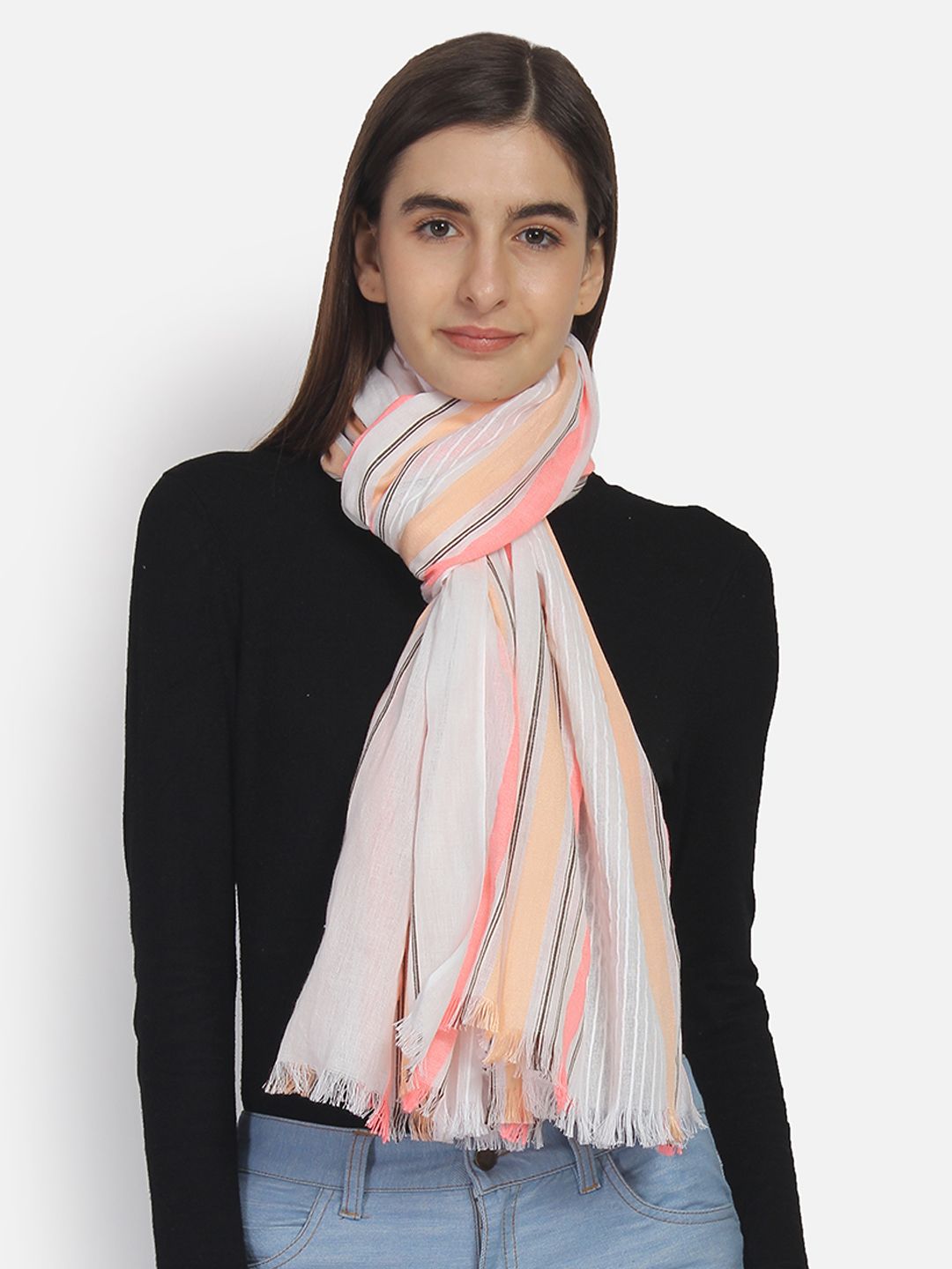 Anekaant Women White & Pink Dobby Weave Striped Stole Price in India