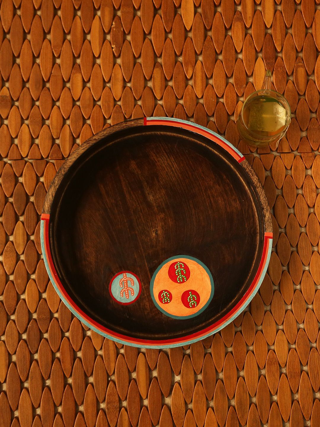 ExclusiveLane Dark Brown Hand-Painted Round Wooden Serving Tray Price in India