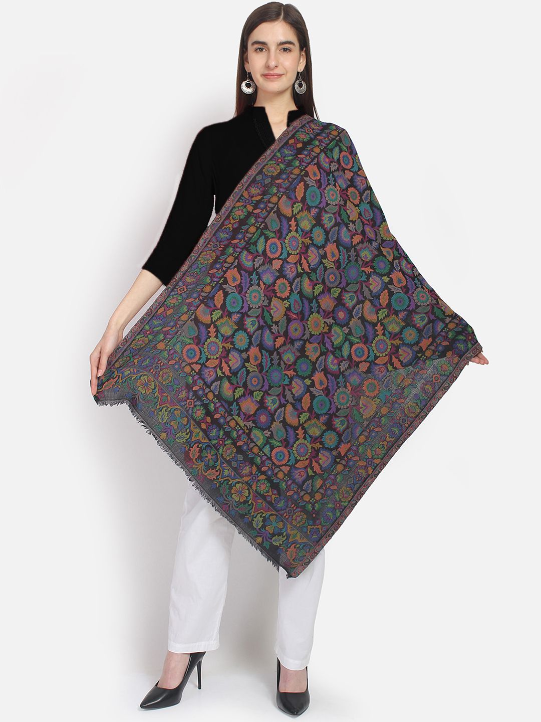 Anekaant Women Black Woven Design Floral Shawl Price in India