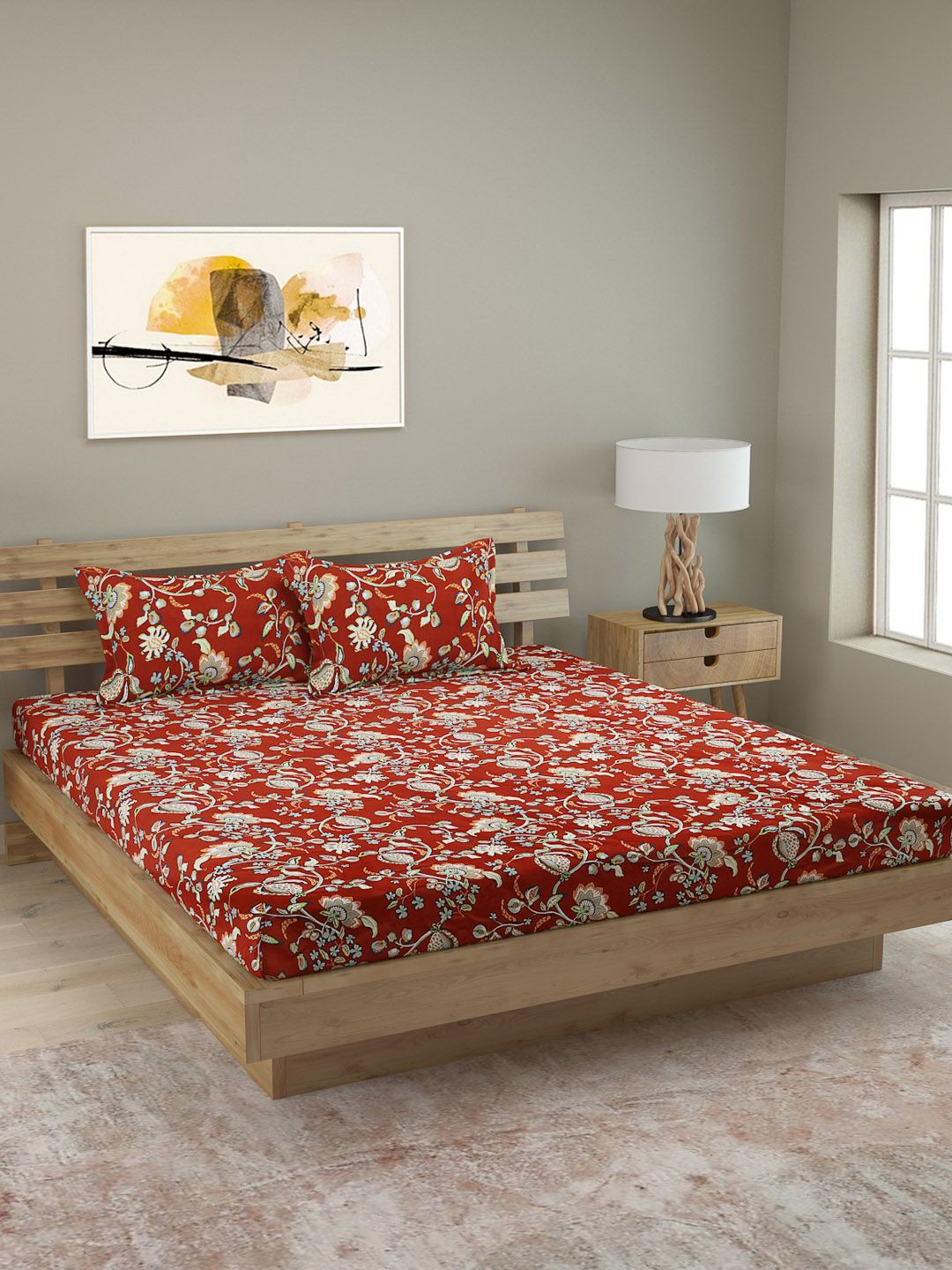 ROMEE Red & Cream-Coloured Floral 250 TC Cotton 1 King Bedsheet with 2 Pillow Covers Price in India