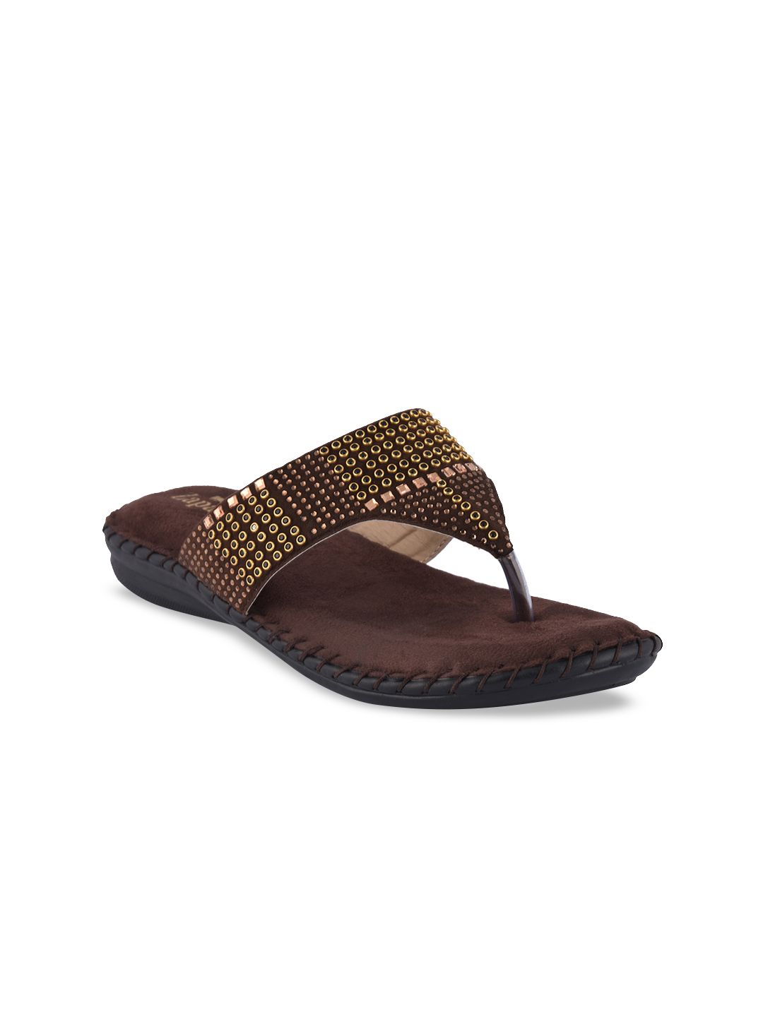 ZAPATOZ Women Brown Embellished Suede Open Toe Flats Price in India