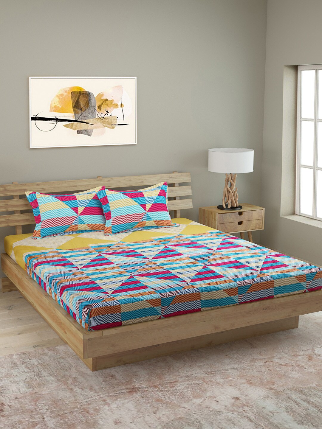 ROMEE Multicoloured Geometric 250 TC Cotton 1 King Bedsheet with 2 Pillow Covers Price in India